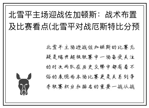 北雪平主场迎战佐加顿斯:战术布置及比赛看点(北雪平对战厄斯特比分预测)