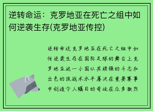 逆转命运:克罗地亚在死亡之组中如何逆袭生存(克罗地亚传控)
