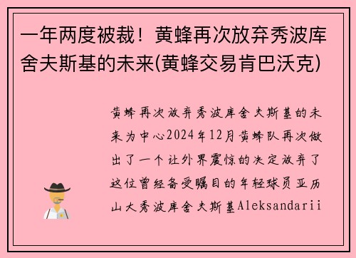 一年两度被裁!黄蜂再次放弃秀波库舍夫斯基的未来(黄蜂交易肯巴沃克)