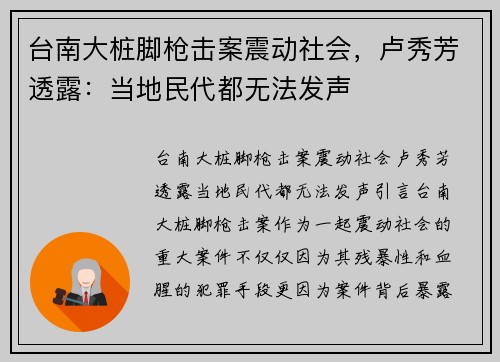 台南大桩脚枪击案震动社会,卢秀芳透露:当地民代都无法发声