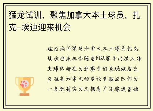 猛龙试训,聚焦加拿大本土球员,扎克-埃迪迎来机会