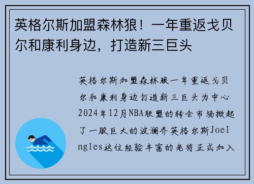 英格尔斯加盟森林狼!一年重返戈贝尔和康利身边,打造新三巨头