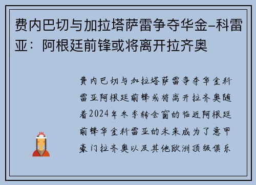 费内巴切与加拉塔萨雷争夺华金-科雷亚:阿根廷前锋或将离开拉齐奥