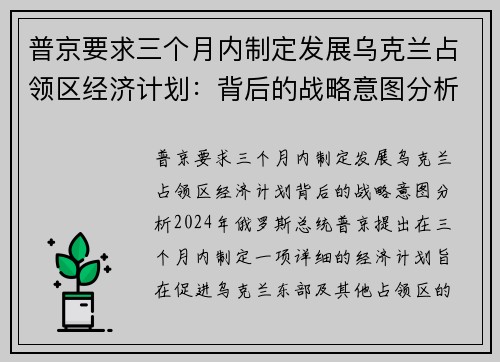 普京要求三个月内制定发展乌克兰占领区经济计划:背后的战略意图分析